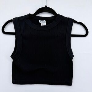 Zara Black Ribbed Knit Sleeveless Crop Top Crew Neck Tank M-L